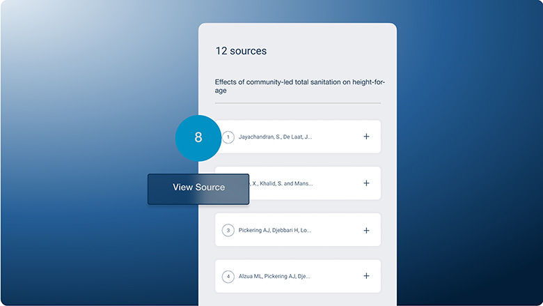 Example of ImpactAI's interactive source reference output on a blue gradient background