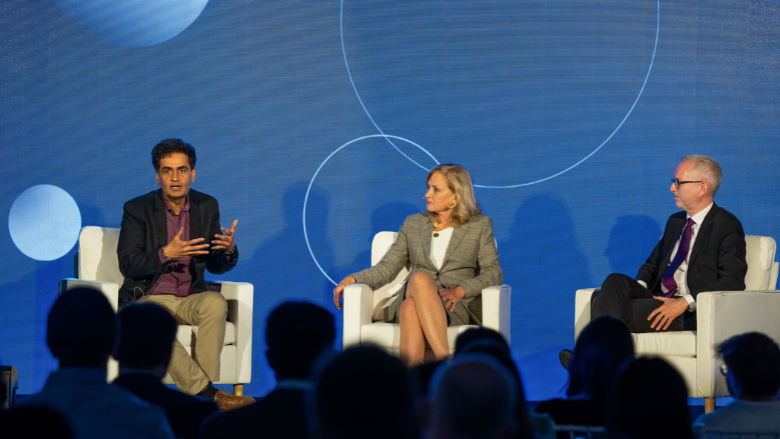DIME Director Arianna Legovini speaks with panelists, Iqbal Dhaliwal and Bård Vegar, in a panel on AI