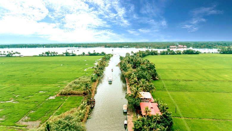 Aerial panorama of Goulburn River entering Lake Eildon in Melbourne Australia