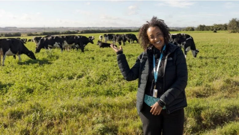 Ethiopian woman pointing to cows in the background