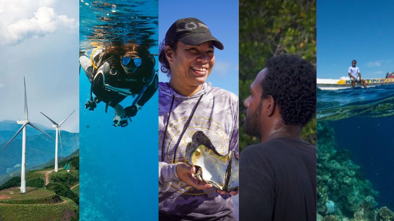 Wind turbines, Person scuba diving, Tongan pearl farmer, Papua New Guinean farmer, Fijian in boat in the water