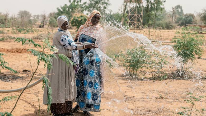 In Niger, women water their land with a pump acquired through an IDA-supported social protection program.