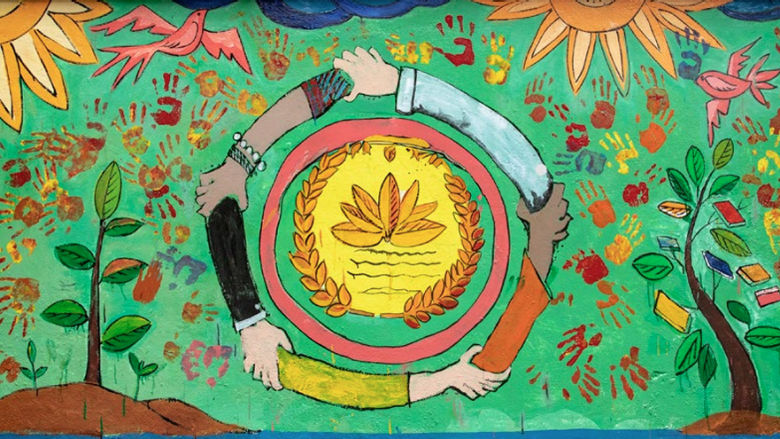 Conceptual digital illustration of a hand-holding circle with natural elements around them.