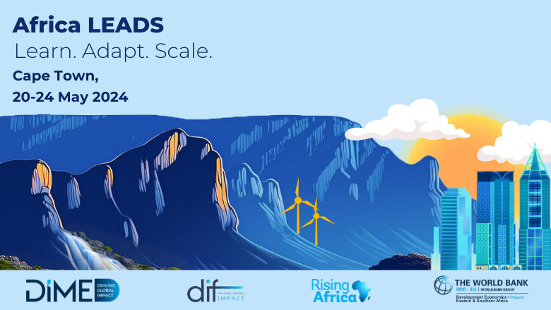 Text:Africa LEADS Learn. Adapt. Scale.Cape Town, 20-24 May 2024. Graphic illustration of South Africa's table mountain. Logos