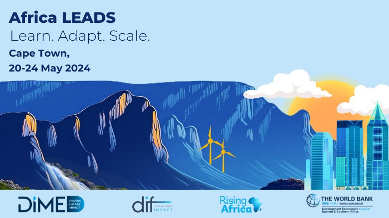 Africa LEADS, Learn. Adapt. Scale.Cape Town, 20-24 May 2024. Graphic illustration of South Africa's table mountain. Logos