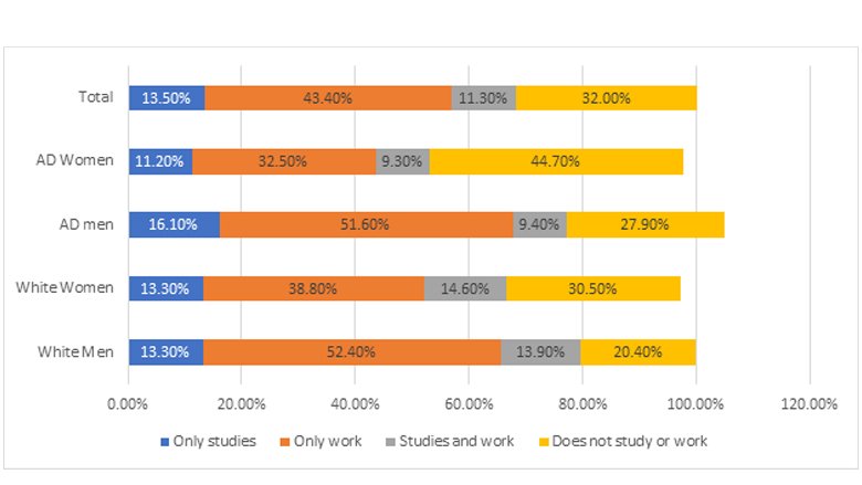 Percentage of people ages 18-29, working and/or studying in Brazil, by race and gender (2019)