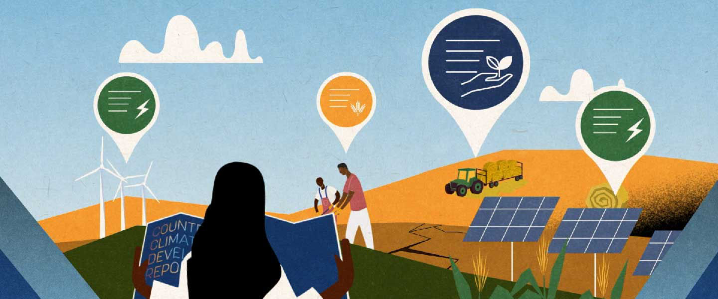 A graphic with a women in the foreground and different bubbles, representing different crises, dotted on the horizon