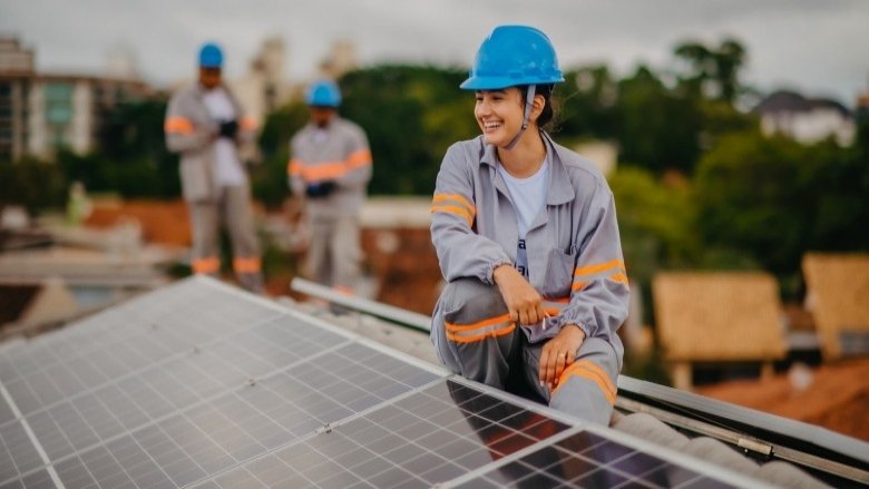 female solar panel worker