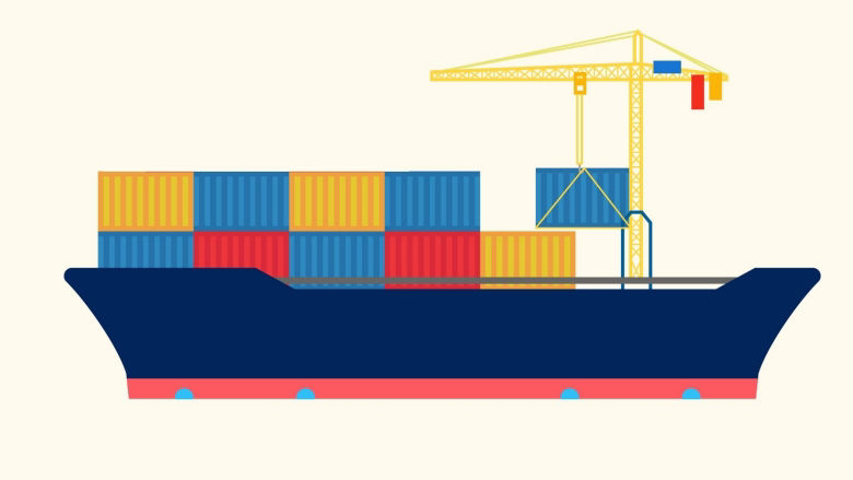 Icon of a boat with multi-colored containers being loaded with a yellow crane