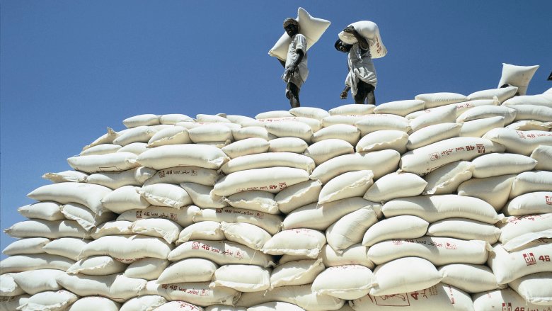 Workers stacking large sacks from conveyor belt.