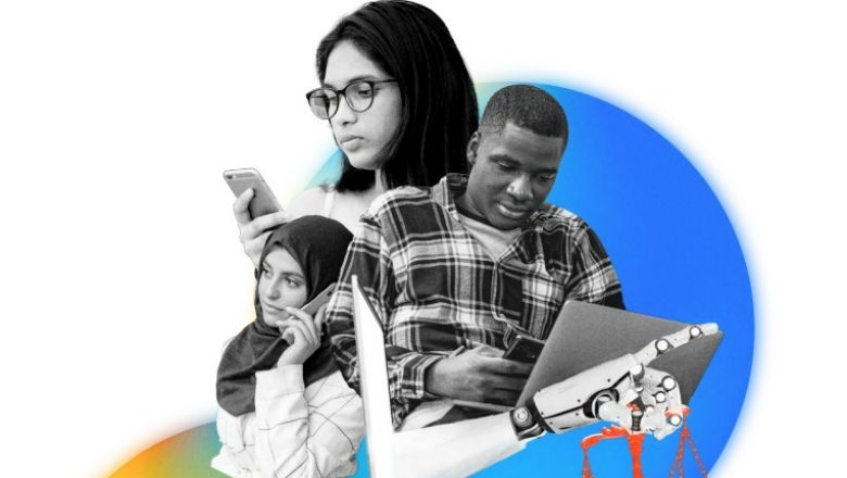 report cover for global trends report featuring a collage of people interacting with technology over concentric circles