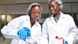 University students at one of the African Centers of Excellence work in a laboratory.