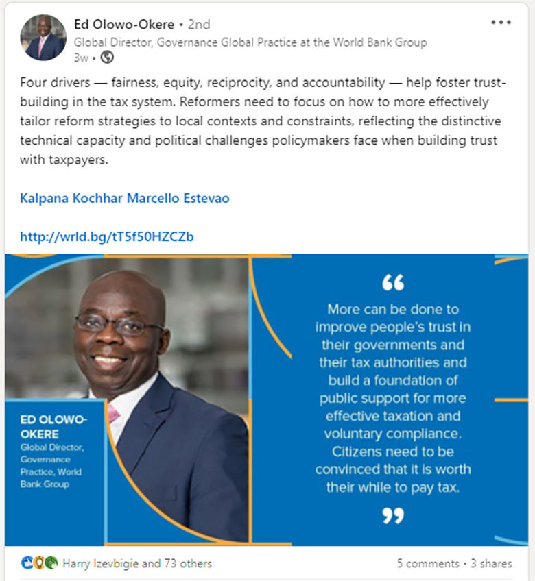 ガバナンス・グローバルプラクティスのエドワード・オロウォーオケレ局長のLinkedInページ