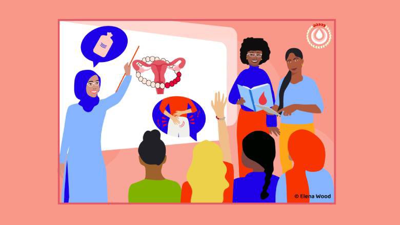 Illustration of a menstrual education class.  Credit: Elena Wood