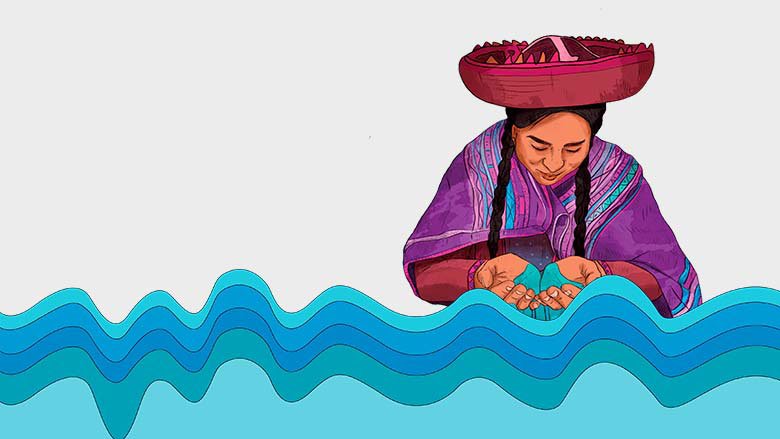 Ilustración de una mujer en traje típico andino sobre ondas de agua, recogiendo agua con sus manos. 