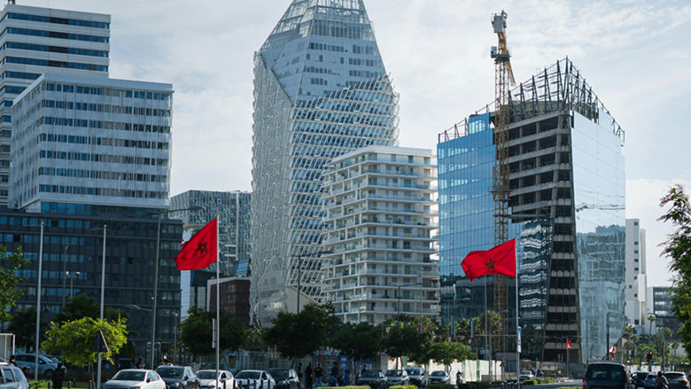 Modern Skyline of Casablanca with Moroccan Flags