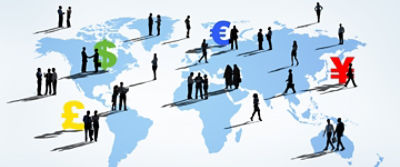 a graphical map of the world with silhouettes of people on different continents and large currency symbols 