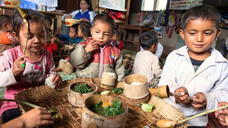 Children eating school meal