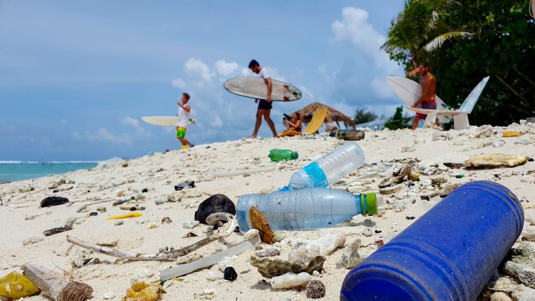 Plastic bottles discarded in Maldives beach