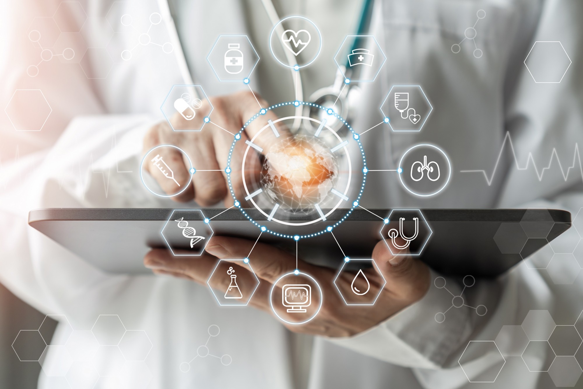 Medical tech research, innovative iot global healthcare ai technology with telehealth, telemedicine service concept with doctor analyzing online on EHR, EMR big data  patient health record in hospital