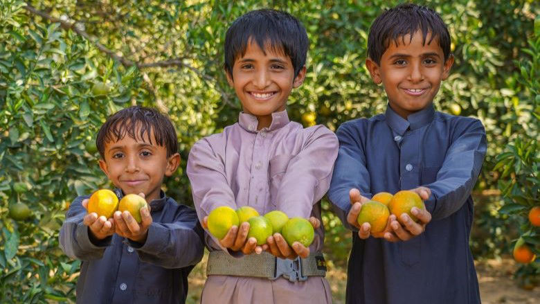 أطفال يمنيون يحملون بعض المحاصيل بسعادة