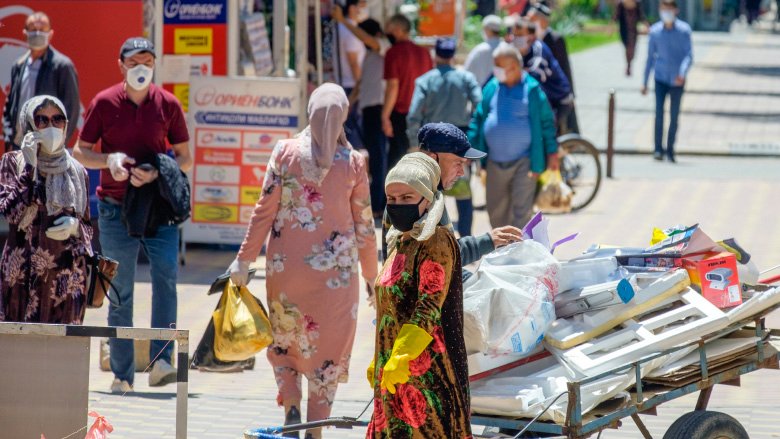 People wearing masks in the street, Tajikistan