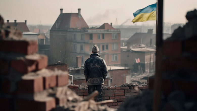 City view with Ukrainian flag