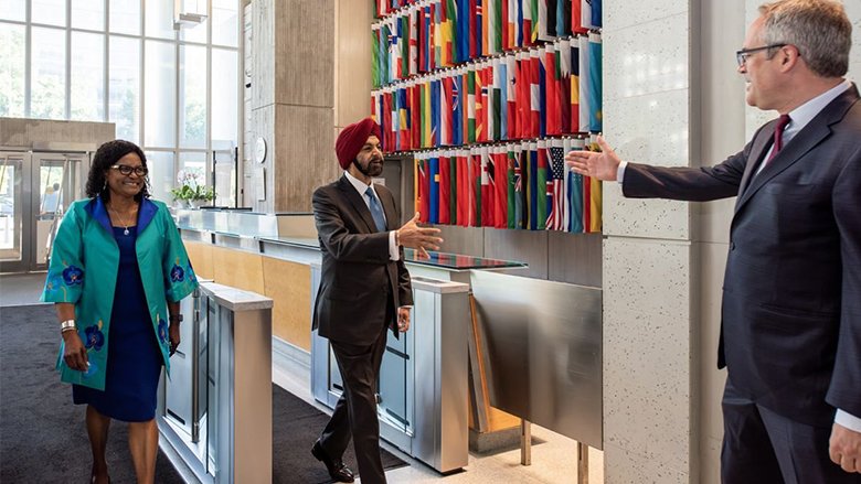 Ajay Banga enters the World Bank Group headquarters in Washington, DC, on his first day on the job